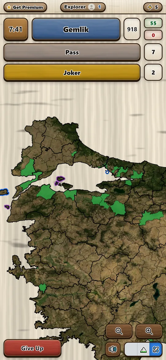 The same game in satellite view, with district borders drawn over real imagery, asking for Gemlik.