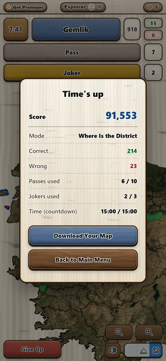 End-of-game summary: a score of 91,553, with 214 correct and 23 wrong in fifteen minutes, and buttons to download the played map or go back to the menu.