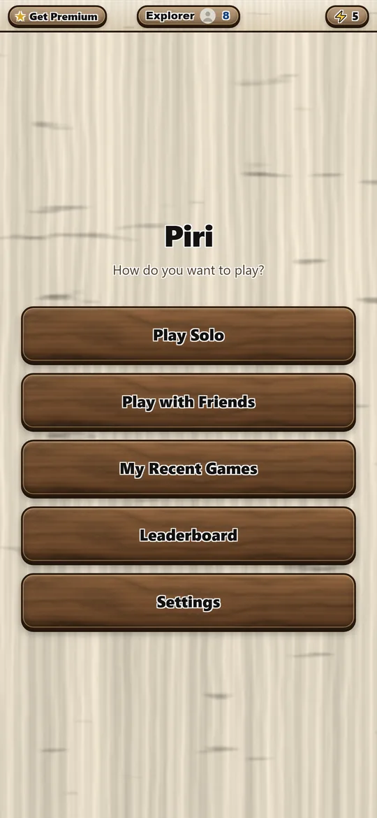 Main menu: Play Solo, Play with Friends, My Recent Games, Leaderboard and Settings.
