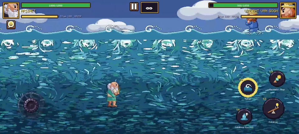 Archimedes' ultimate floods the whole arena with swirling blue water while he swims through it.