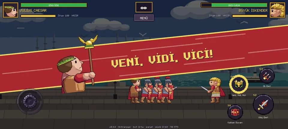 Julius Caesar's ultimate banner reads Veni, vidi, vici, with his legionaries lined up beneath it.