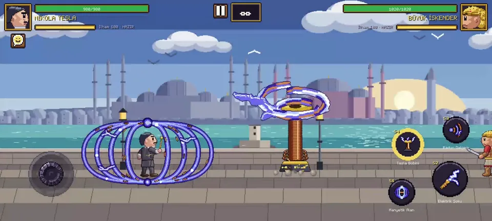 Nikola Tesla stands inside rings of a magnetic field while his coil throws an arc.