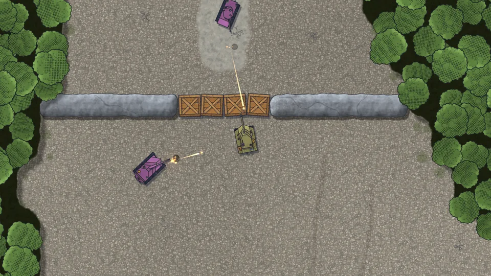 Seen from above, the player's tank fires on a purple enemy tank past a wall of wooden crates at the edge of a forest.