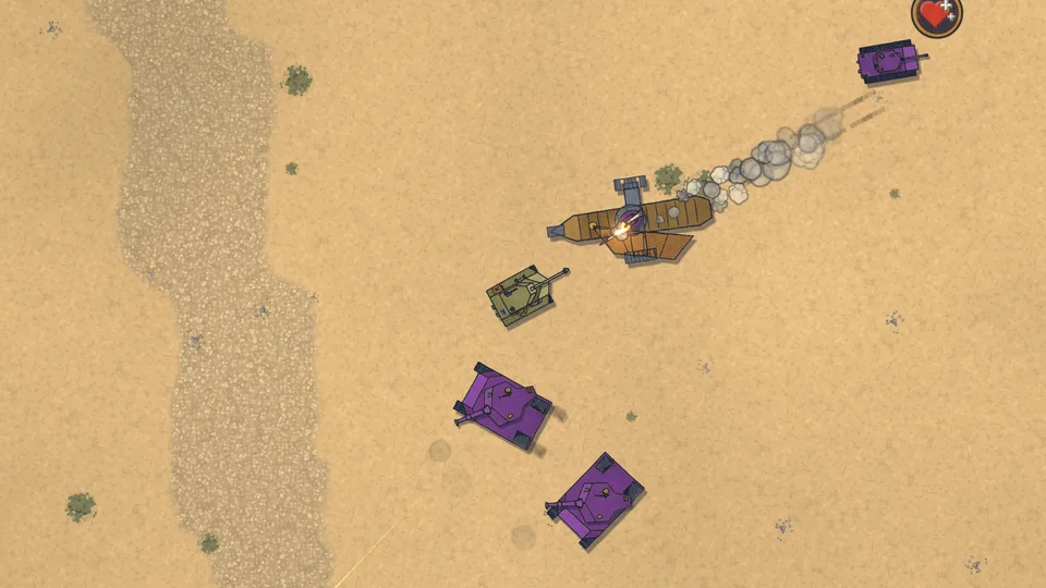 A rocket streaks across a sandy canyon towards a group of purple enemy tanks.