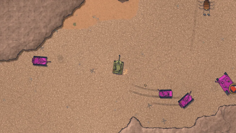 Purple enemy tanks close in on the player's tank across red rock.