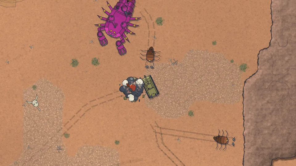 A giant purple mechanical scorpion attacks the player's tank in a desert arena.