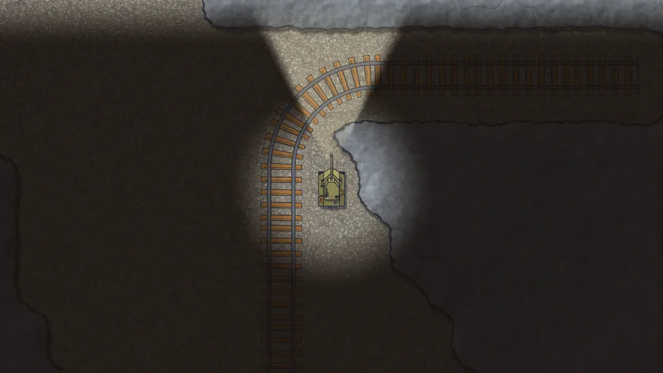 A tank's headlight cuts a cone of light through a dark tunnel beside a railway line.