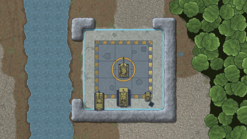 The player's tank parked in a walled garage beside a river, with two spare tanks.